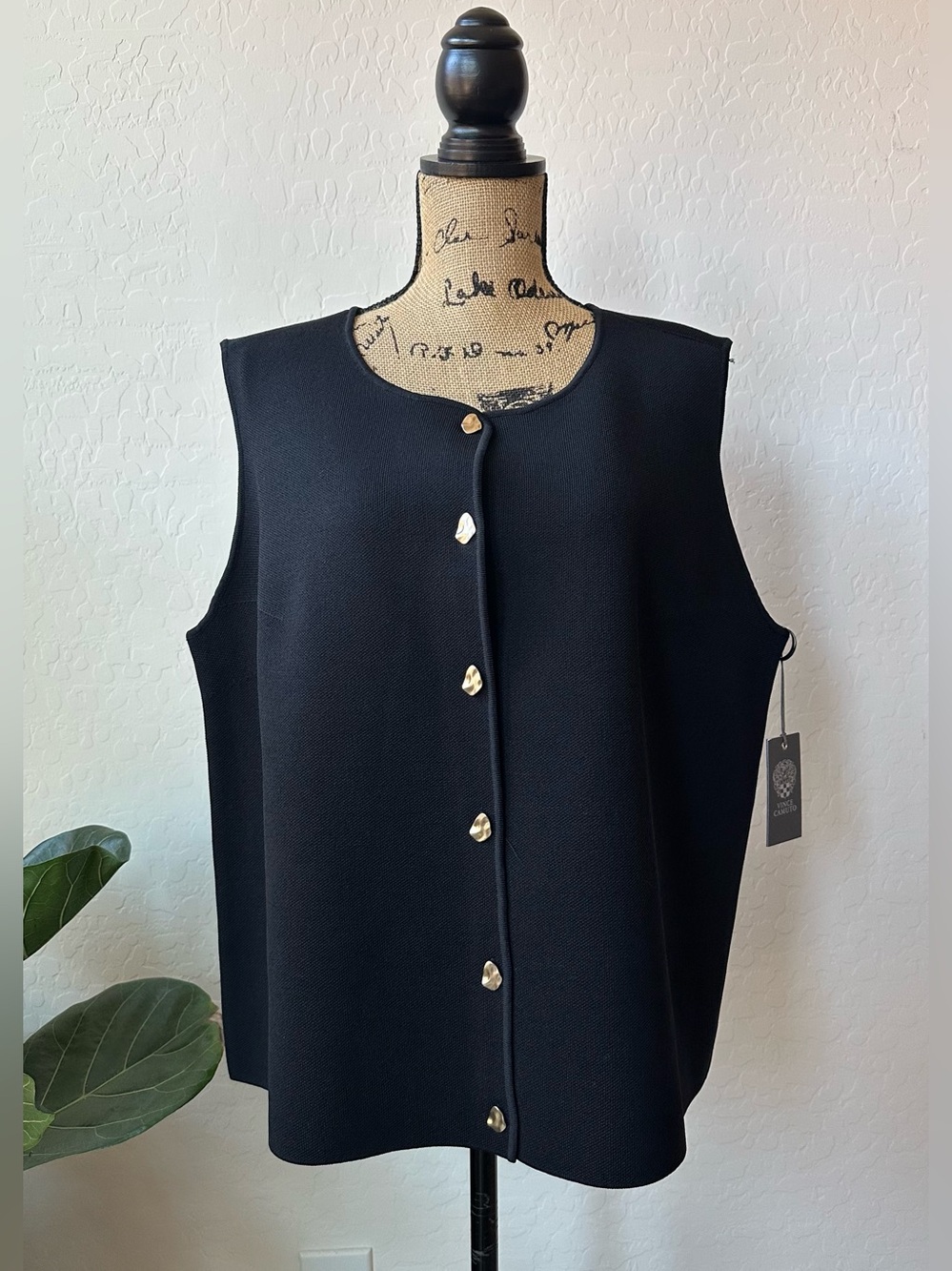 Vince Camuto Black Sleeveless Button-Front Shell with Gold Buttons